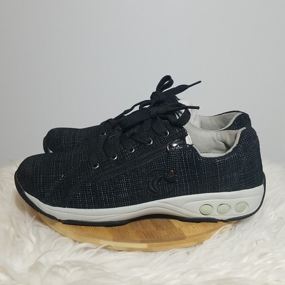 NWT Therafit Francesca Walking Shoes Black Leather Side Zip Comfort Sneaker